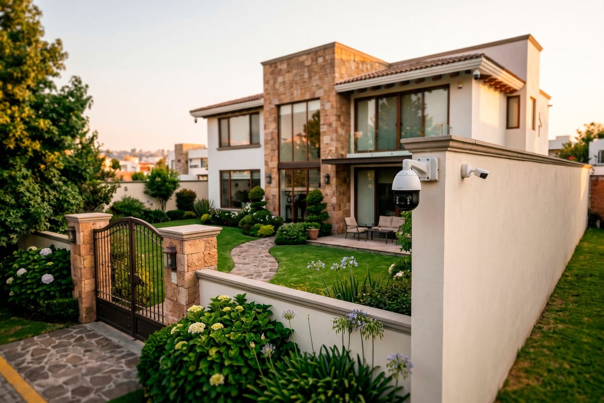 Cámaras perimetrales y PTZ instaladas en una residencia con jardín en zona metropolitana